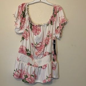 Plus Size Cold Shoulder Cinched Drop Waist Beautiful PINK Rose Silky Blouse 3X